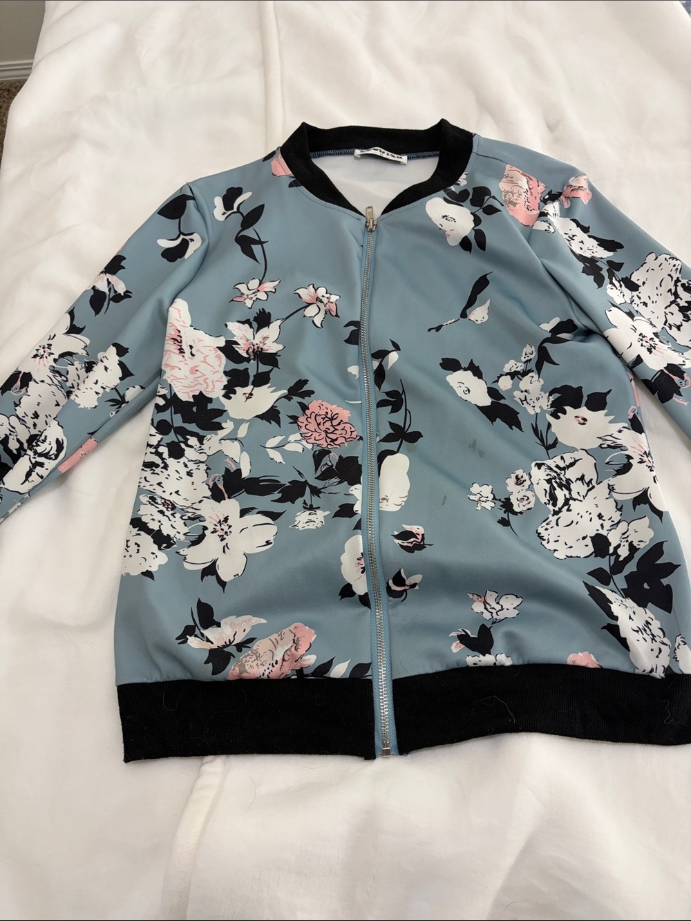 EcoWish Floral Bomber Jacket in Dusty Blue with  Black Trim